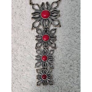 Vintage Silver Tone Necklace with Red Stone Cabochon Accents 22"